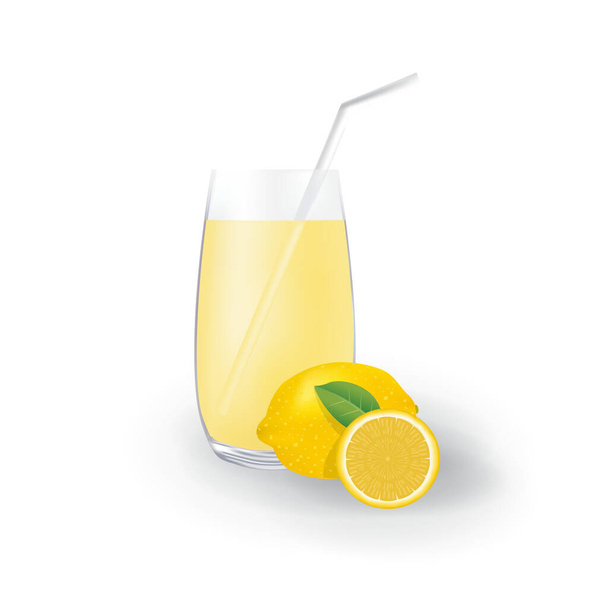 Realistic Lemon Fruit Juice in Glass Straw Healthy Organic Drink Illustration - Vettoriali, immagini