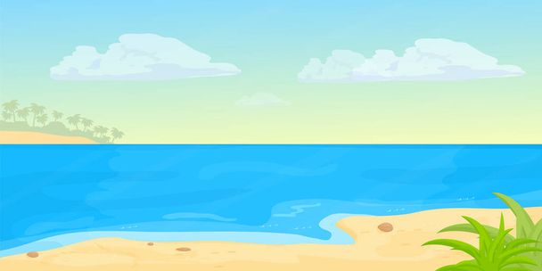Playa tropical de paisaje marino con mar, arena en estilo de dibujos animados. Banner horizontal, vacaciones de verano costa exótica. Calma, escena relajante. Ilustración vectorial - Vector, Imagen
