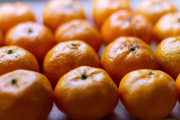 A shallow focus shot of mandarine fruits in rows - Foto, Imagem
