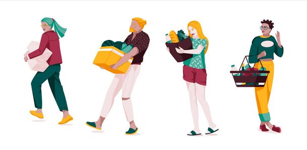 Шоппинг - плоский набор стилей оформления изолированных символов на белом фоне. Мультфильм женщин и мужчин, стоящих и ходящих с их пакеты, корзины и сумки, полные продуктов - Вектор,изображение