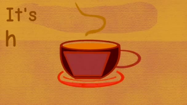 Κινούμενα σχέδια του φλιτζανιού του καφέ με έγχρωμο φόντο, επιγραφή κειμένου και ζεστό ατμό. - Πλάνα, βίντεο
