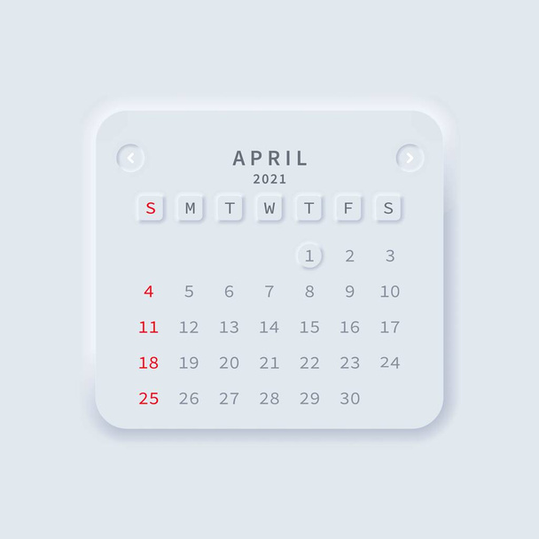 2021 calendar April month. Neumorphism style. Vector EPS 10. Isolated on white background. - Vector, Image