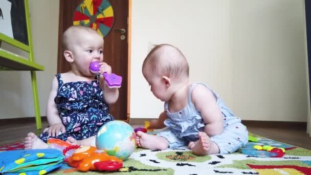 友人の双子の女の子姉妹,自宅で床の上におもちゃで遊んで - 映像、動画