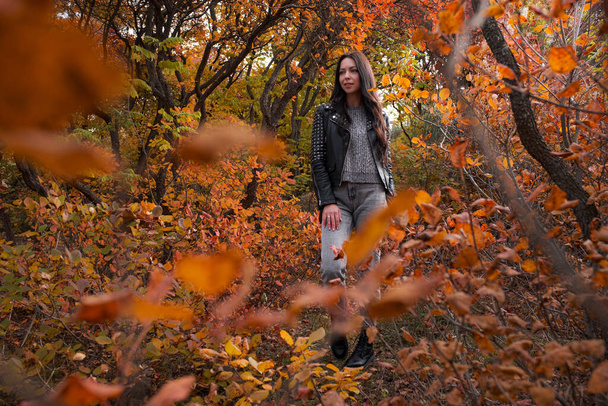 Mujer caucásica joven de otoño con una chaqueta de cuero negro y un suéter gris y jeans en el parque de otoño. Clima cálido. - Foto, imagen