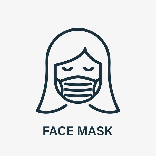 Frau mit medizinischer Gesichtsmaske Linie Icon. Gesichtsschutzmaske für Nase und Mund von Mädchen. Atemschutzmaske gegen Luftverschmutzung, Virus, Allergie und Staub tragen. Essbarer Schlaganfall. Vektorillustration - Vektor, Bild