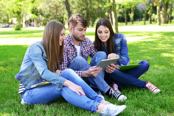 Happy students sitting in park - Photo, Image