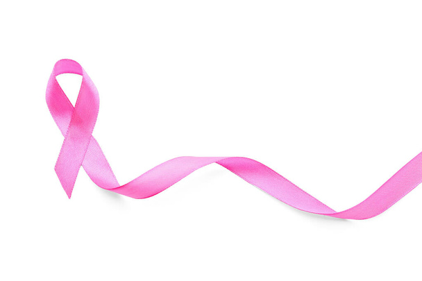 Pink ribbon on white background. Breast cancer awareness concept - Φωτογραφία, εικόνα