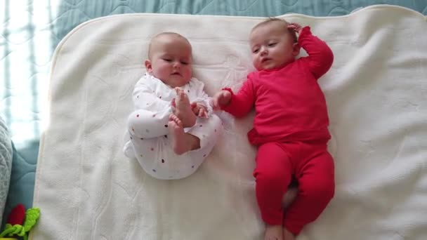 Dos hermanas se acuestan en la cama. Dos bebés gemelos en la cama - Metraje, vídeo