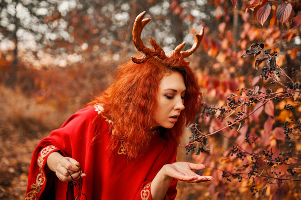Mujer en vestido rojo largo con cuernos de ciervo en el bosque de otoño. - Foto, Imagen
