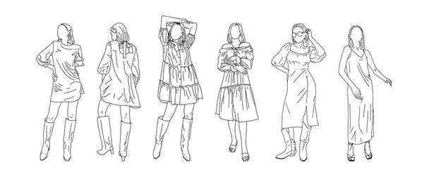 As meninas adolescentes em vestidos de estilos diferentes desenham-se em um estilo linear. Ilustração vetorial. - Vetor, Imagem