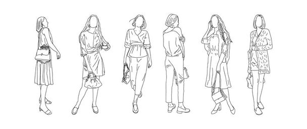 Лінійний малюнок дівчат, що рекламують різні моделі сумки. Векторні ілюстрації
. - Вектор, зображення