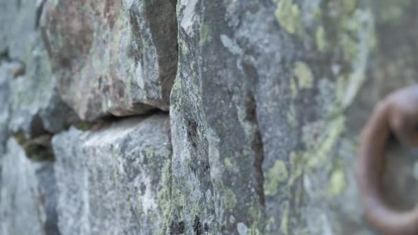 Lähikuva vanhasta graniittiseinästä, jossa on ruosteinen silmukka.. - Materiaali, video