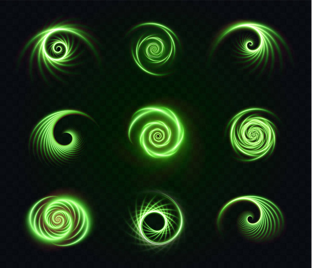 Set of luminous green spirals on a transparent - Vector, Image