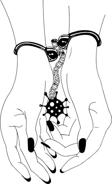 γυναικεία χέρια με χειροπέδες και βακτήρια του ιού που συνδέονται με τις χειροπέδες   - Διάνυσμα, εικόνα