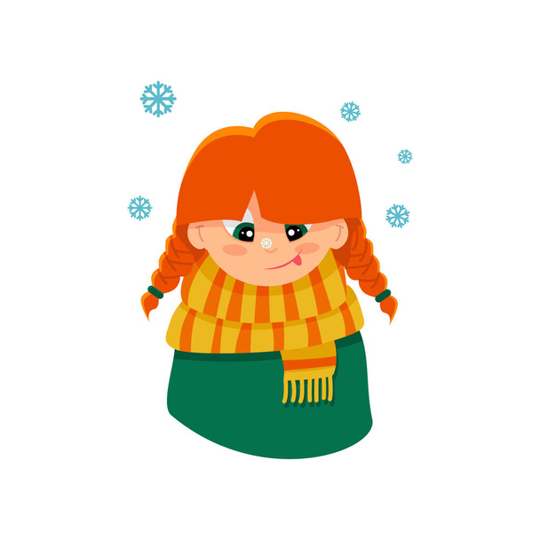 Illustrazione di una ragazza dai capelli rossi che cattura i fiocchi di neve. Adesivo vettore. - Vettoriali, immagini