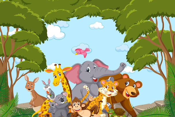 Ομάδα άγριων ζώων στην απεικόνιση του πλαισίου του δάσους - Διάνυσμα, εικόνα