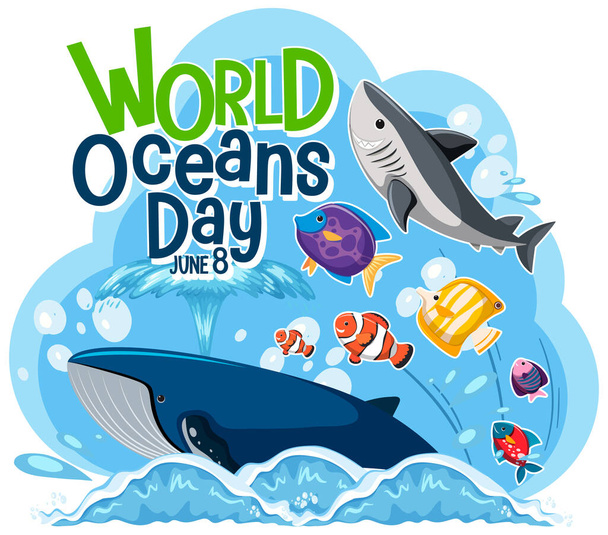 Banner del Día Mundial del Océano con muchos animales marinos diferentes ilustración - Vector, imagen