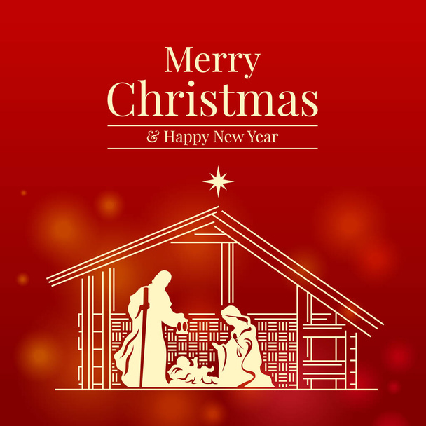 Vrolijk kerstfeest en gelukkig nieuwjaarsspandoek met kerststal op rood achtergrond vector ontwerp - Vector, afbeelding