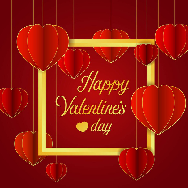 Banner del día de San Valentín feliz con colgar el corazón rojo y marco de oro en el diseño del vector de fondo rojo - Vector, imagen