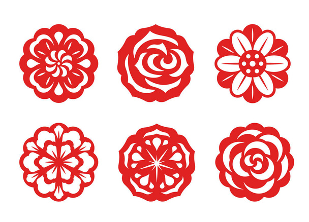 Červený papír řezané květiny porcelán vektor set design - Vektor, obrázek