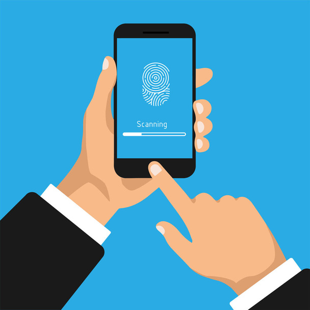 Hand hält Smartphone mit scannendem Fingerabdruck. Fingerabdruck-Identifikation im Handy. Vektorillustration. - Vektor, Bild