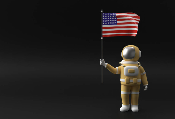 3D Render astronauta trzyma flagę Usa. 4 lipca Koncepcja Dnia Niepodległości USA. - Zdjęcie, obraz