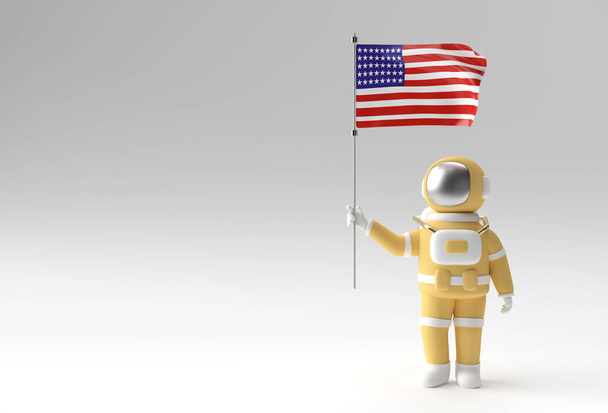 3D Render Astronaut держа флаг США. 4 июля Концепция Дня независимости США. - Фото, изображение
