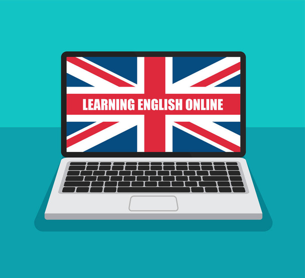 Learning English online. Great Britain flag on a laptop display in a trendy flat style. Front view. Summer English courses concept. Vector illustration. - Vector, Image