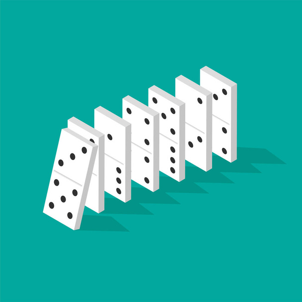 Falling dominoes in isometric projection isolated on green background. Domino effect, chain row or reaction. Disaster business concept. Vector illustration. - Vector, Image