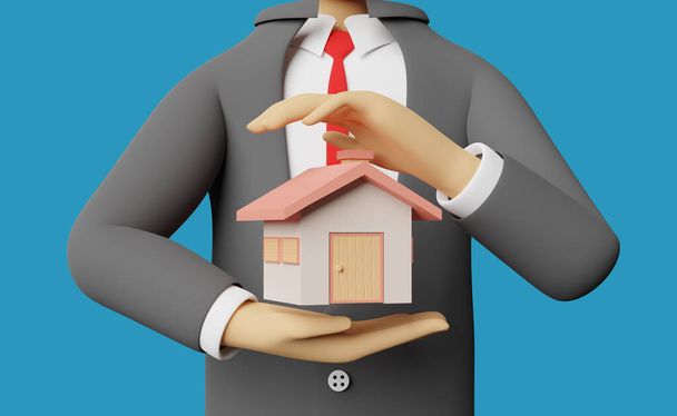 personnage de dessin animé homme d'affaires mains protégeant modèle de maison isolé sur fond bleu, rendu 3d - Photo, image