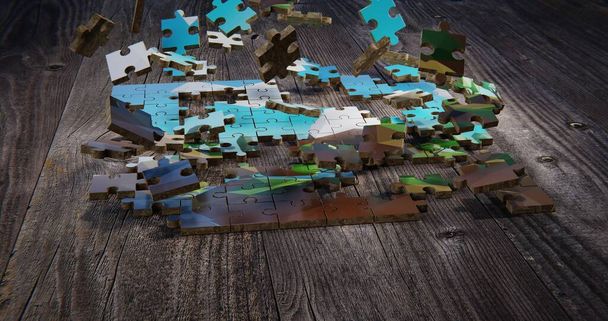 Puzzle pieces assembled into a picture on wooden table - Foto, Bild