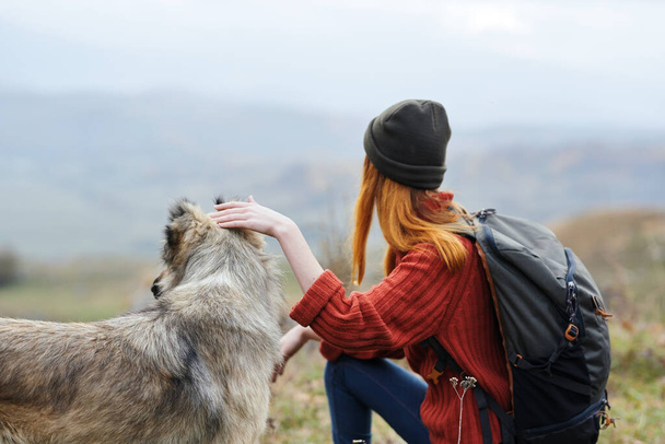 donna escursionista accanto al cane montagne natura aria fresca viaggi - Foto, immagini