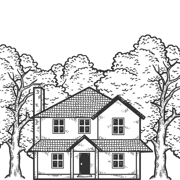 House in the woods. Sketch scratch board imitation color. - Vector, Image