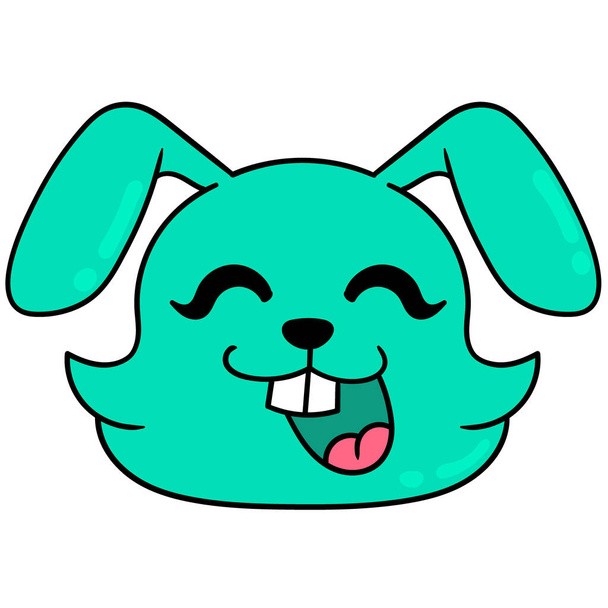 cute green easter bunny head laughing happily, doodle icon drawing - ベクター画像