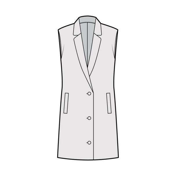 ノースリーブジャケットは、ボタンアップクロージャー、ポケット、特大とベストウエストコート技術的なファッションイラストをラペル - ベクター画像