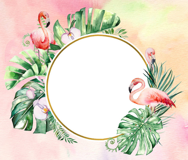 Watercolor pink flamingo, tropical leaves and flowers frame illustration with watercolor background. Wedding invitations,  stationary, greetings, fashion, posters - Zdjęcie, obraz