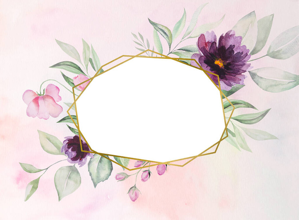 Watercolor purple flowers and green leaves frame romantic illustration with watercolor background. For wedding stationary, greetings, wallpaper, fashion, posters - Photo, Image