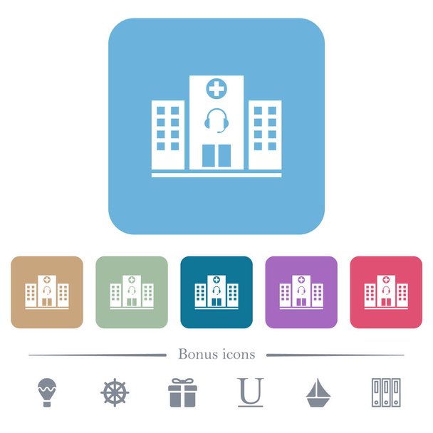 Assistenza medica icone piatte bianche su sfondi quadrati arrotondati a colori. 6 icone bonus incluse - Vettoriali, immagini