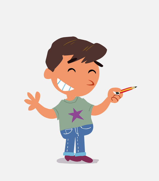 мультяшный персонаж маленького мальчика на джинсах говорит что-то смешное, указывая на сторону карандашом - Вектор,изображение
