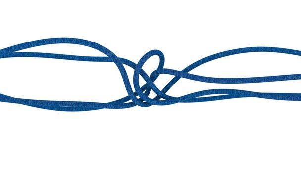Mavi kot bağcıklarından oluşan kendiliğinden oluşan büyük ip düğümü. Karmaşık bir problemin kavramsal görüntüsü. Çözülmesi zor bir görevin sembolü. Beyaz arkaplanda 3 boyutlu resimleme izole edildi - Fotoğraf, Görsel