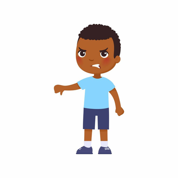 Pieni afrikkalainen poika näytti peukalonsa. Järkyttynyt tumma iho lapsi seisoo yksin sarjakuvahahmo. Henkilö negatiivinen tunne, erimielisyyden ilmaus - Vektori, kuva