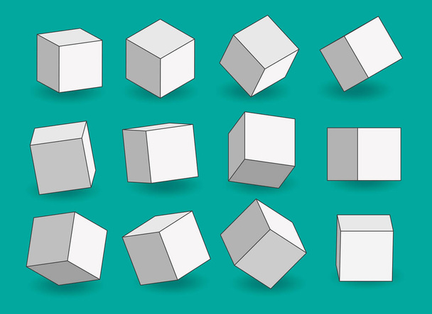 Ensemble de cubes 3D de dessin animé vectoriel blanc. Les icônes de contour de cube dans une perspective. Blocs géométriques avec ombre. Illustration vectorielle isolée sur fond vert. - Vecteur, image
