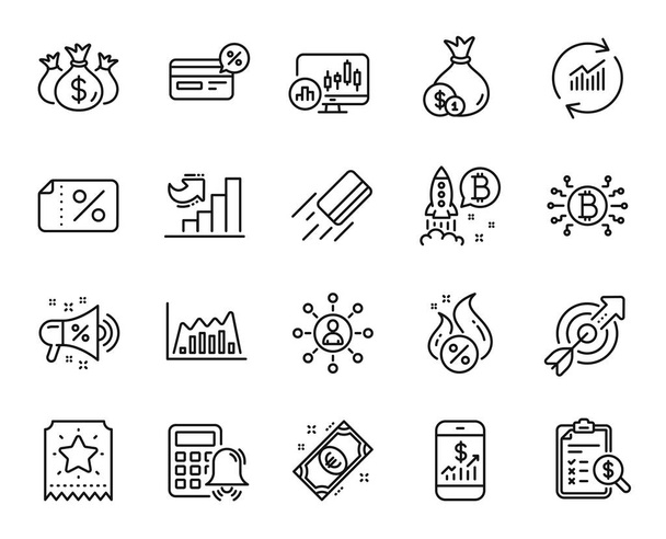 Vector set of Infographic graph, Bitcoin system and Check investment line icons set. Bitcoin project, Sale megaphone and Target icons. Cashback, Credit card and Accounting report signs. Vector - Vector, Image