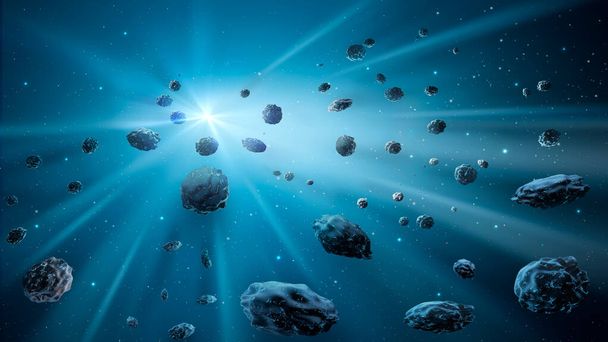 宇宙背景。ライトストリークを持つ青い星雲の小惑星のフィールド。3Dレンダリング - 写真・画像