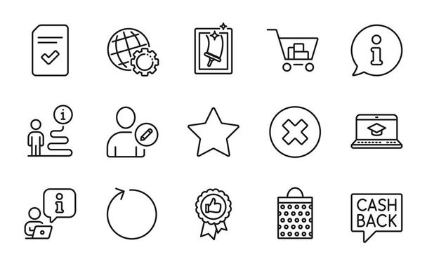 Line icons set. Included icon as Internet shopping, Positive feedback, Money transfer signs. Close button, Star, Window cleaning symbols. Edit user, Loop, Globe. Website education. Vector - Vector, Image