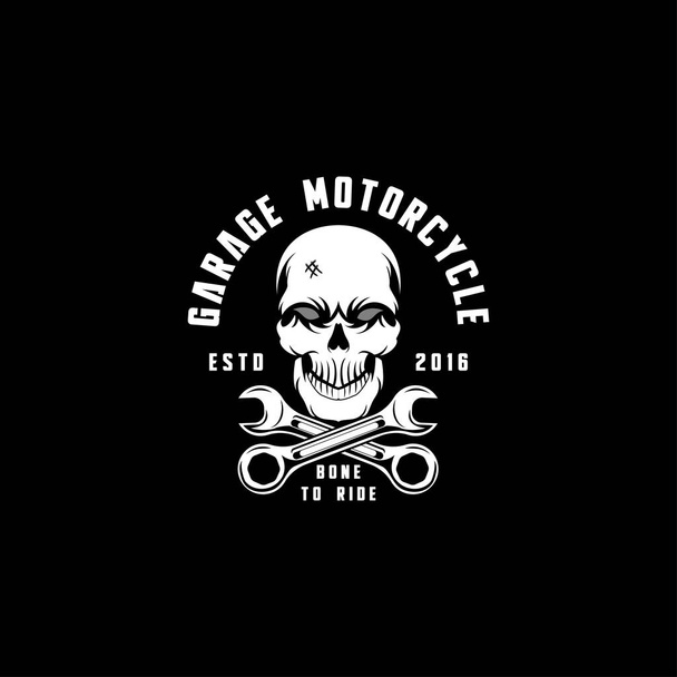 logotipo vintage moto garaje, emblema, monocromo, signo, etiqueta, logotipo del jinete, motociclistas, personalizado, plantilla de vector en fondo negro - Foto, imagen