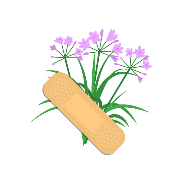 Sticking plasters and purple flowers. Medical patch isolated on white background. - Vector, Image