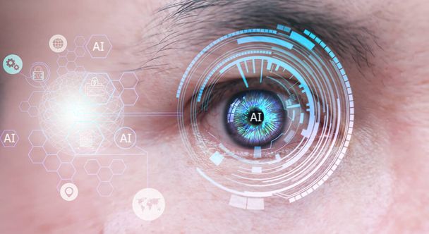 Il riconoscimento dell'occhio umano affronta il processo di scansione ID e il concetto high-tech, lo screening dei big data e la strategia tecnologica di trasformazione digitale - Foto, immagini