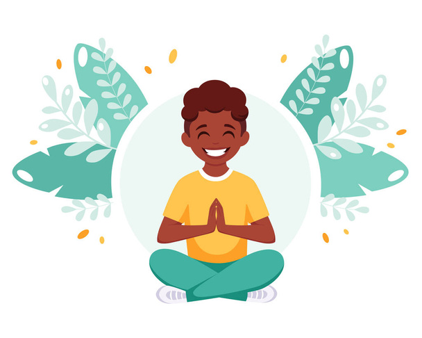 Niño negro meditando en pose de loto. Gimnasia, yoga y meditación para niños. Ilustración vectorial - Vector, imagen