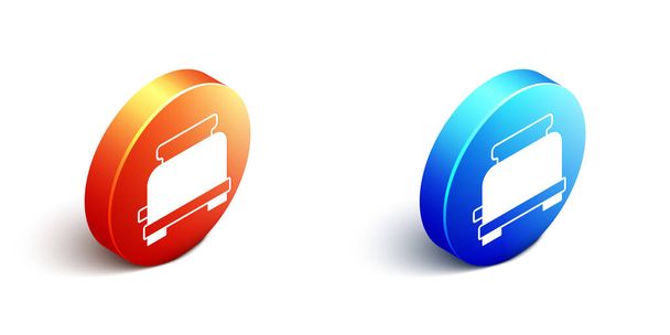 Isometrisches Toaster-Symbol isoliert auf weißem Hintergrund. Orange und blauer Kreis-Knopf. Vektor - Vektor, Bild